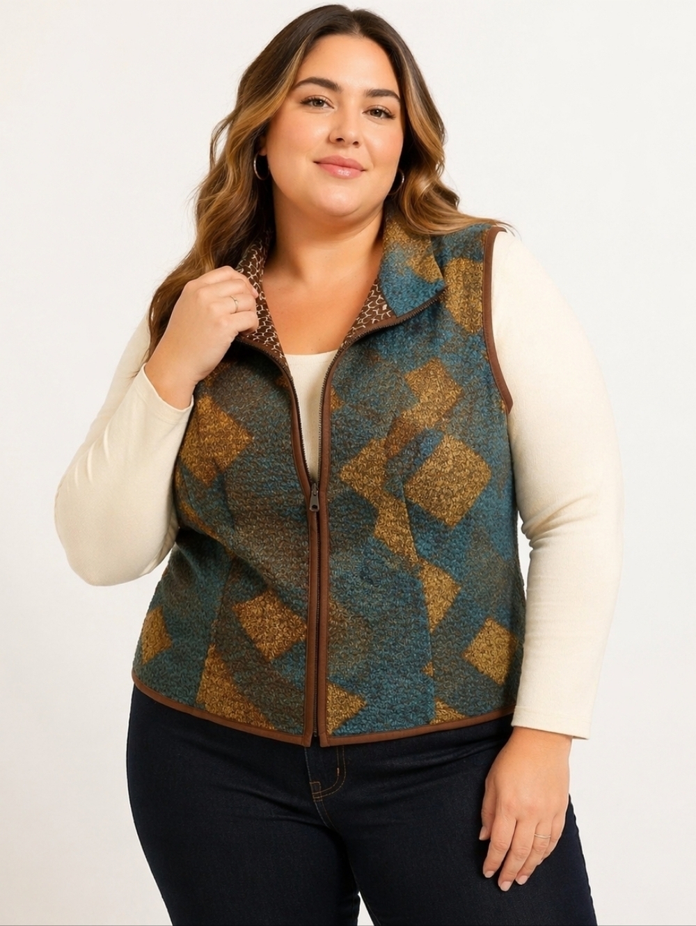 Reversible Geometric Patterned Vest in Blue and Brown, Size XL/XXL